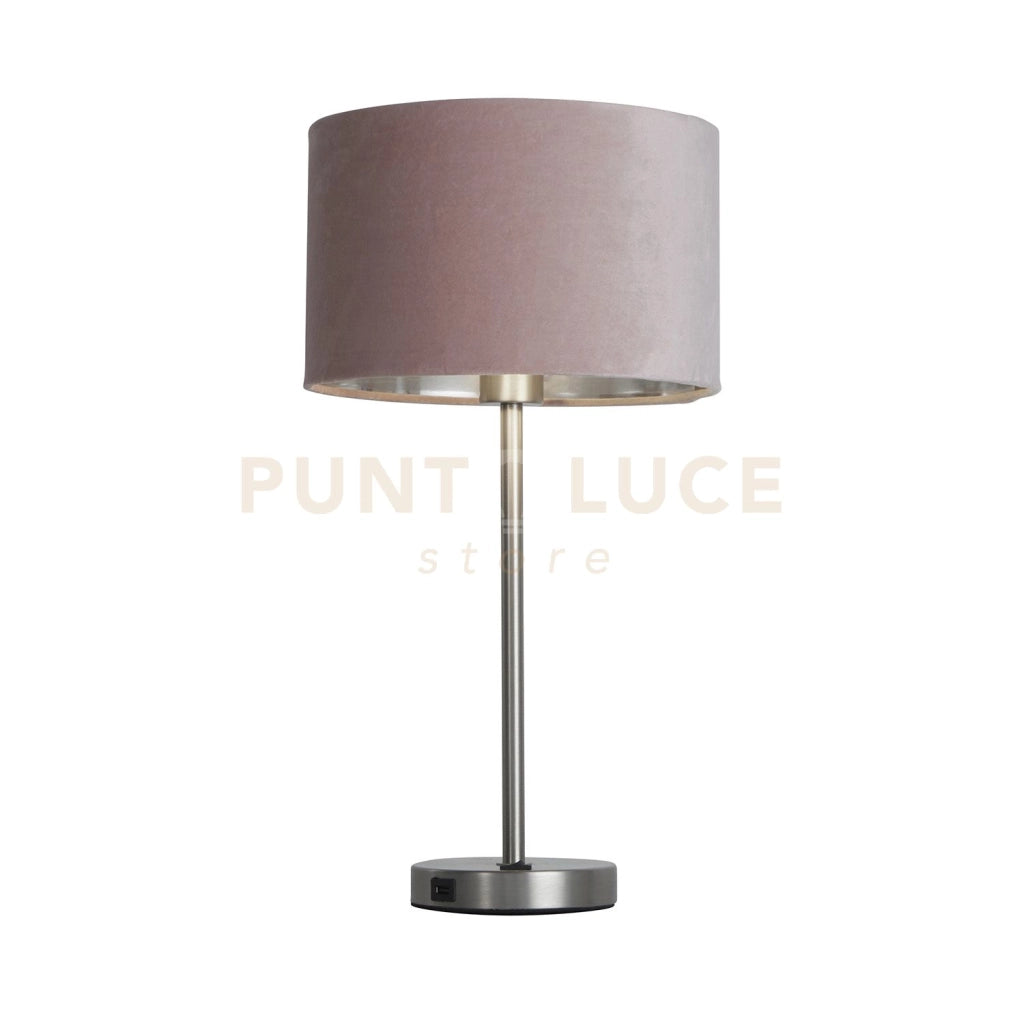 Lampada da tavolo USB Finn - Metallo nichel satinato e paralume in velluto rosa