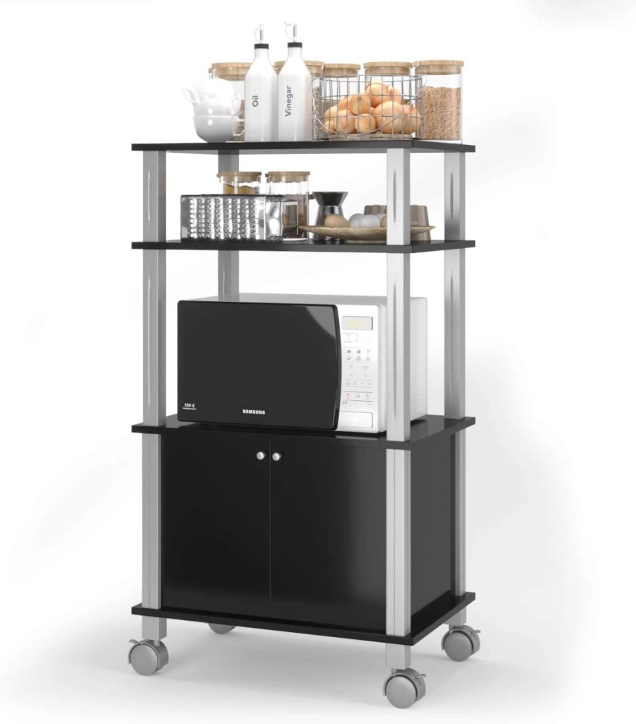 Carrello a rotelle a microonde, carrello da cucina a microonde, con 4 ruote e 2 freni, ripiano portaoggetti a 3 livelli e armadio ante,60 x 40 x 98 cm (Naturale)