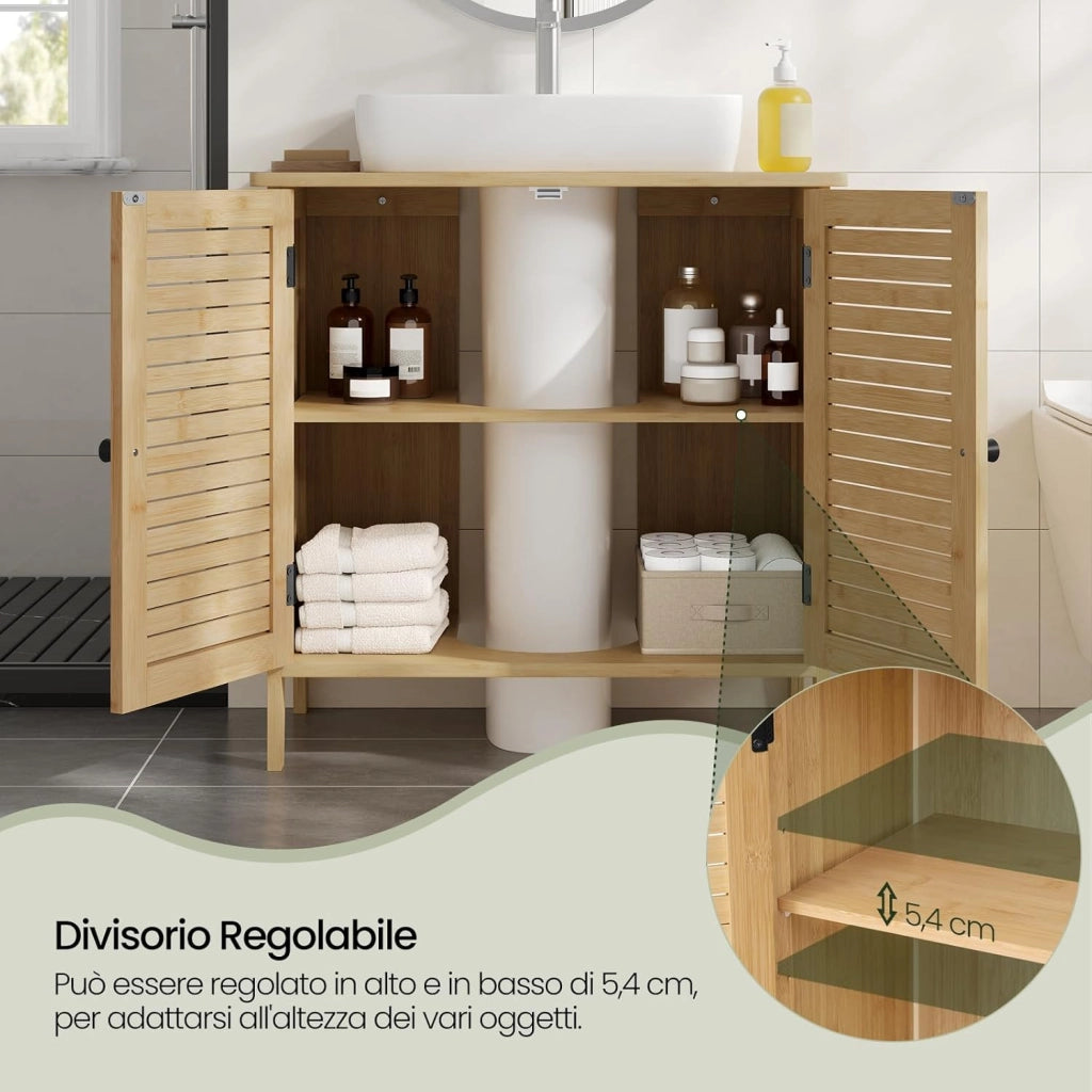 Mobile Da Bagno In Bambù, Base Con Ritaglio Per Sifone 20x23 cm, Armadio Indipendente Con Ante a Griglia e Ripiano Regolabile, 60x30x60 cm