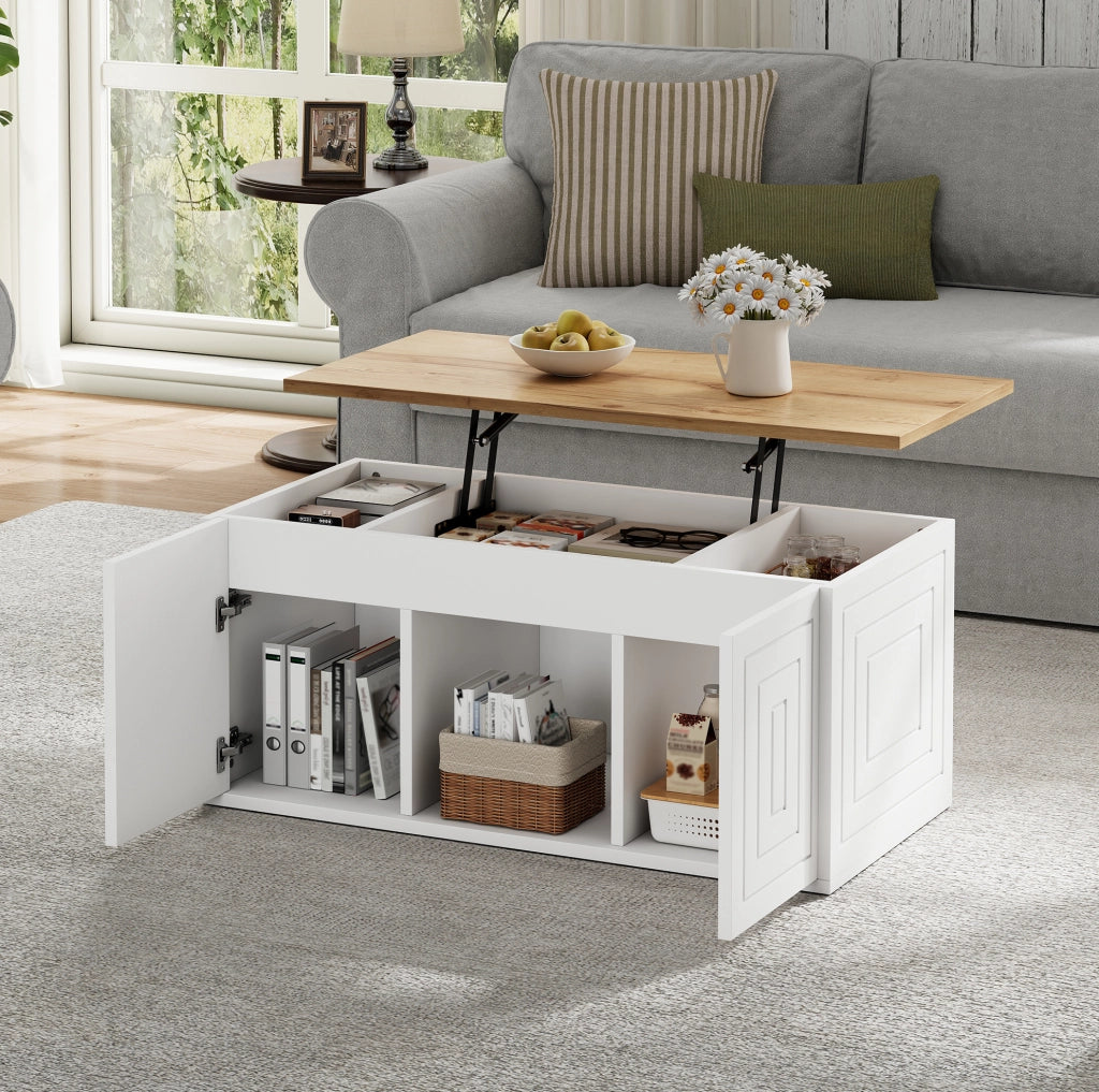 Tavolino da salotto 46x95x45 cm; regolabile in altezza con ampio spazio contenitore; pannelli truciolari bianco e naturale