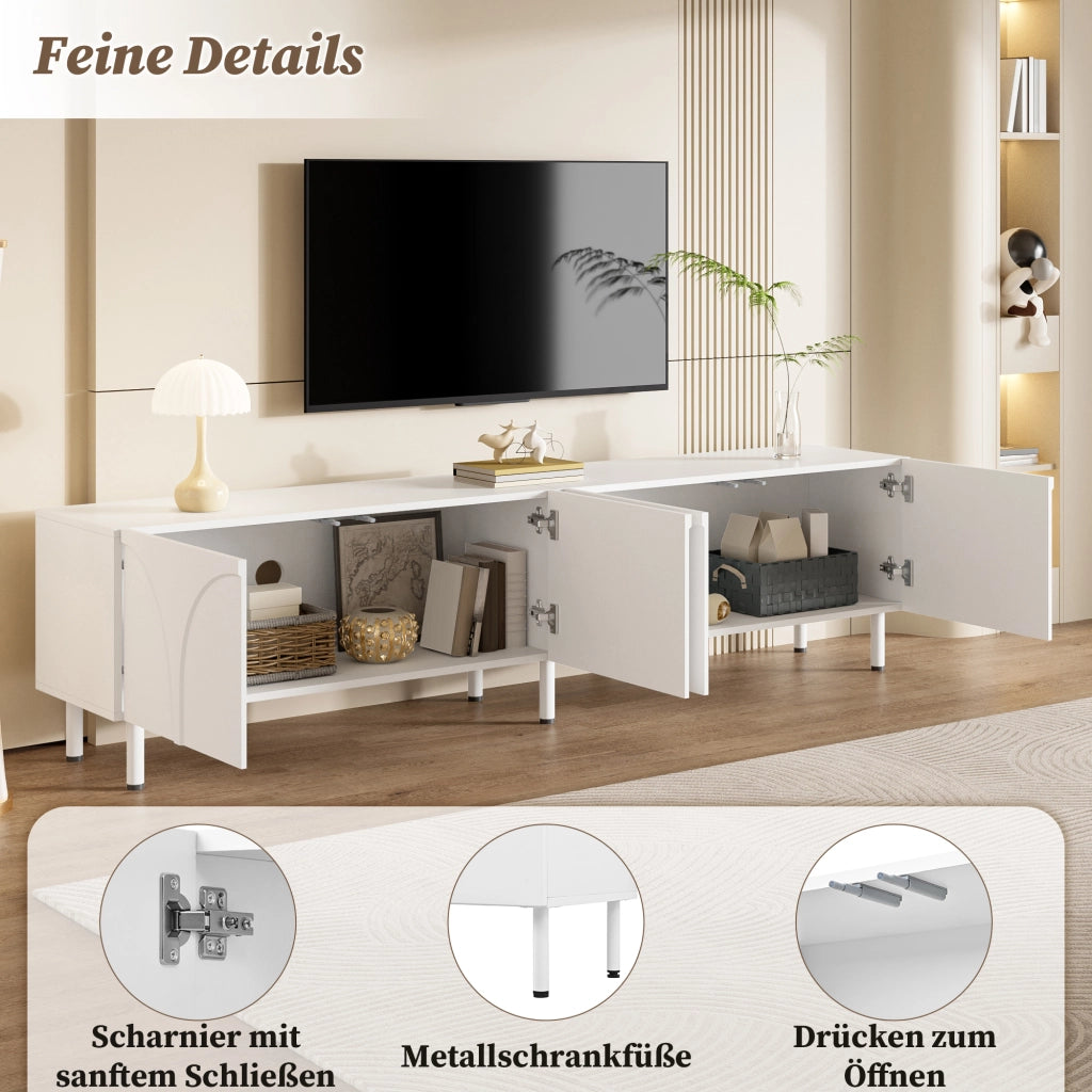 Mobile porta TV con 4 ante e 2 vani separati, piedi in metallo, in MDF e PB, per soggiorno, bianco, 180 × 35 × 49 cm