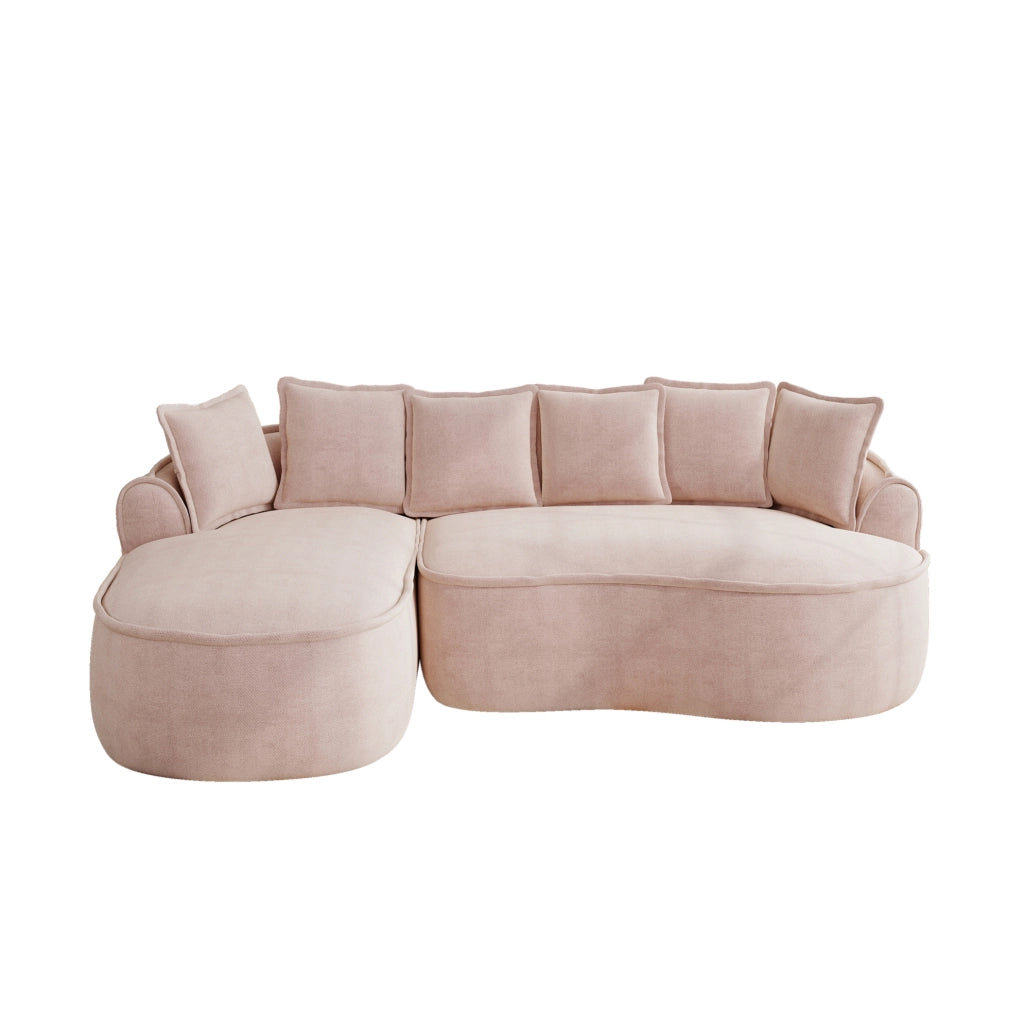 Divano modulare senza struttura in ciniglia rosa; 2 moduli; chaise longue e funzione letto
