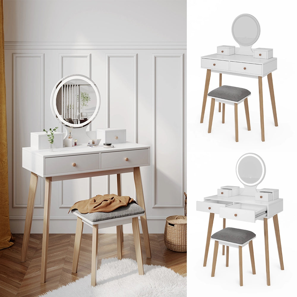 Vicco Tavolo da toeletta Bianco 80 cm con specchio LED e sgabello