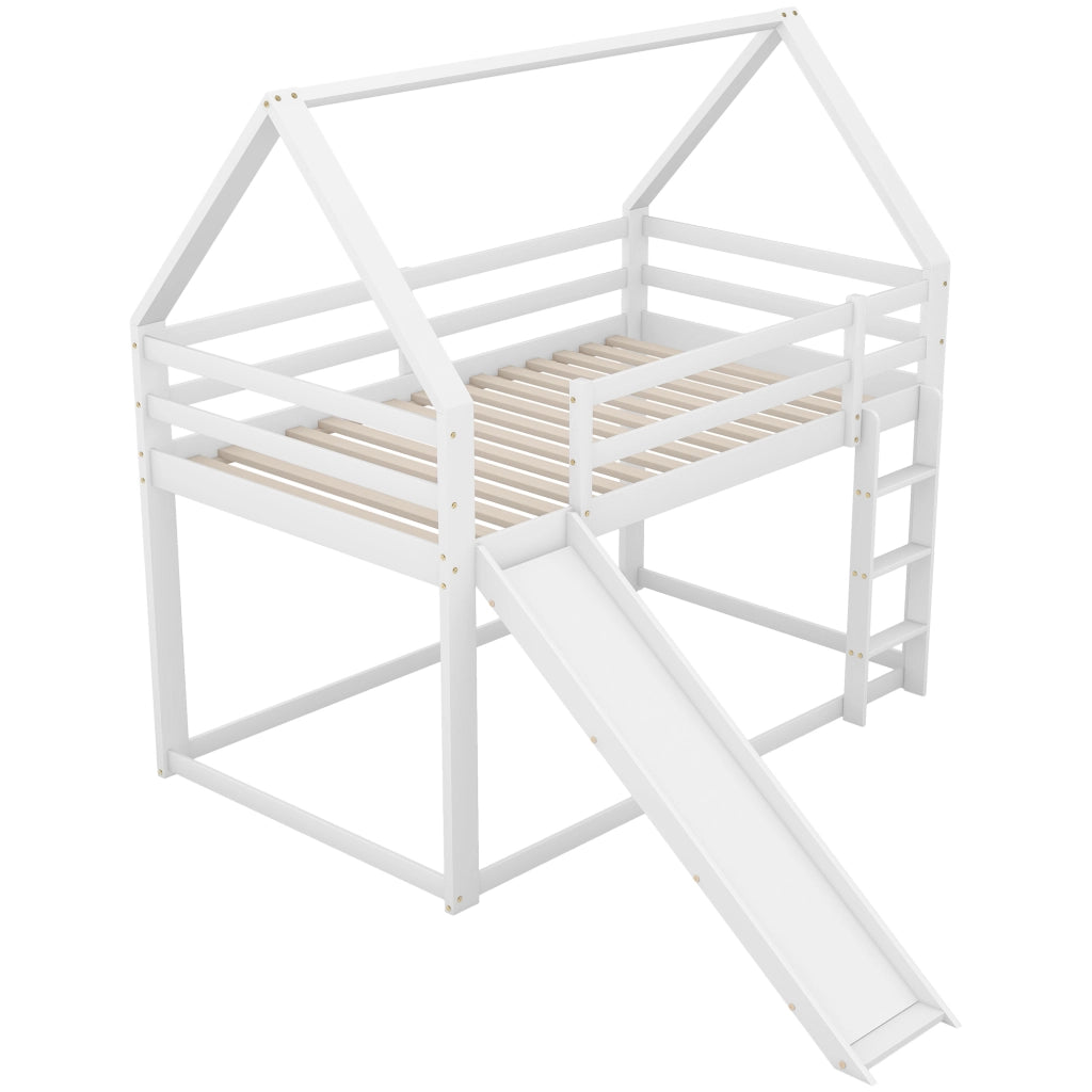 Letto a Castello 2 Posti con Scivolo e Scala; 90 x 200 cm; senza Materasso; in Legno e MDF; Bianco