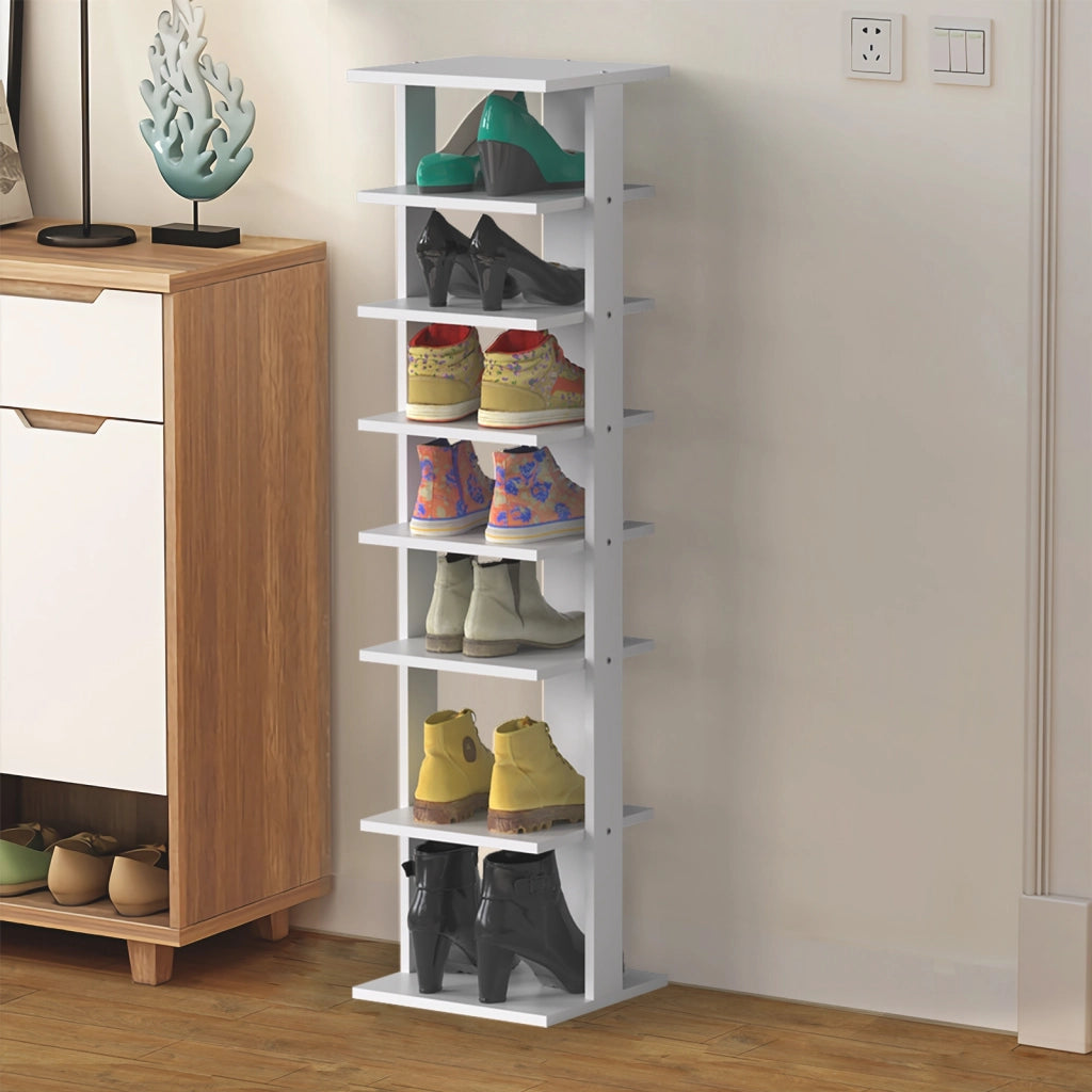 Scarpiera di legno salva spazio con 7 livelli da ingresso e camera da letto-Scaffale per scarpe per casa con dispositivo antiribaltamento Bianco