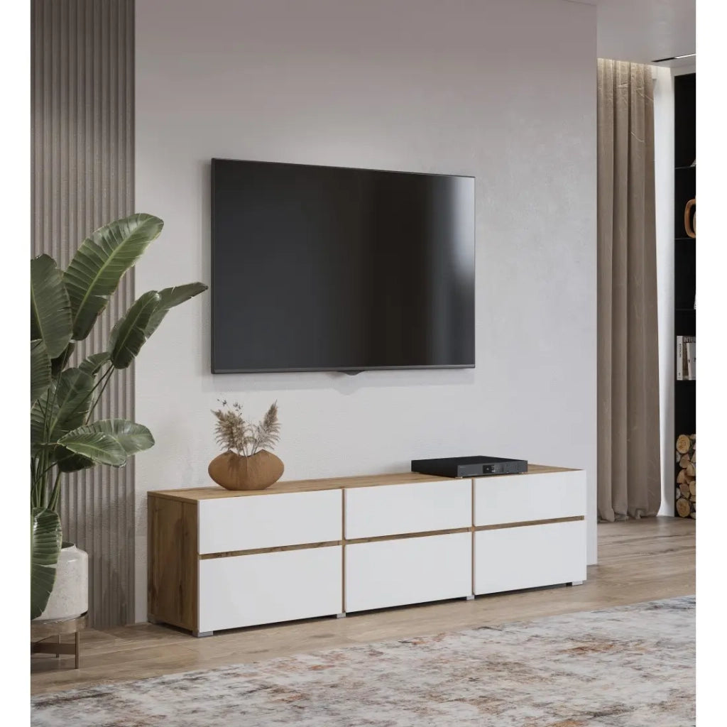Mobile TV HAVANA – 180 cm – 3 ante ribaltabili e 3 cassetti – Rovere e bianco – Design contemporaneo