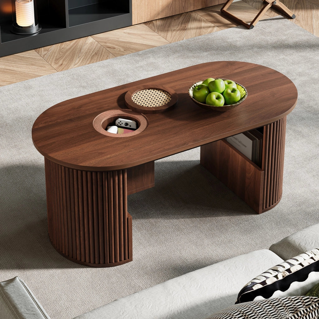 OKWISH Tavolino da Caffè Ovale con Vani Integrati e Ripiani Aperti, per Soggiorno, MDF, Noce, 105×50×46,5 cm
