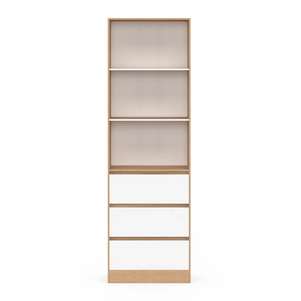 IDMarket - CARLA Libreria a 3 livelli con 3 cassetti bianchi ed effetto legno H.190 cm