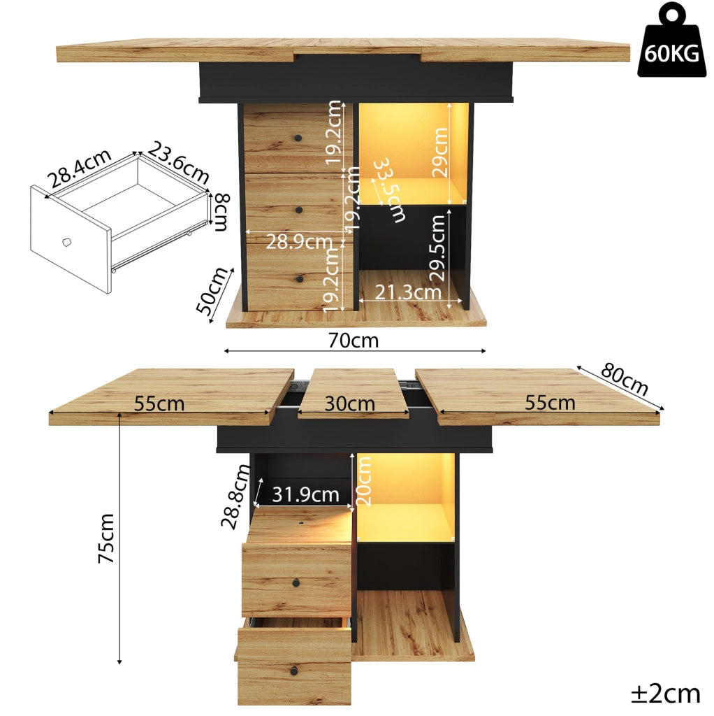 Tavolo allungabile 110-140x80x75 cm con LED e USB; 2 cassetti; MDF nero e naturale