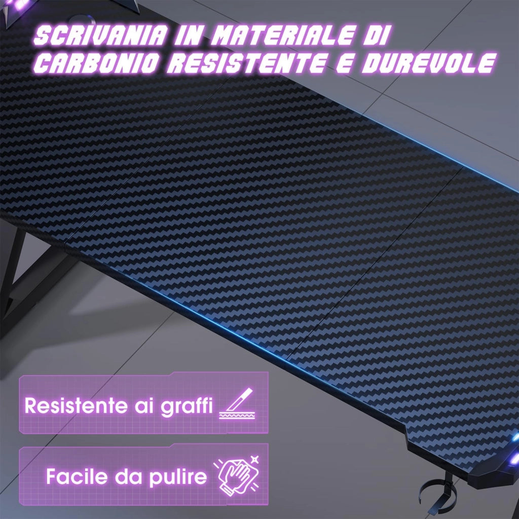 160 x 60cm Scrivania Gaming LED, Tavolo Gaming Ergonomica, Scrivania per Computer con Porta Bicchiere e Ganci per Cuffie, Postazione con Piano del Tavolo in Fibra di Carbonio, Nero