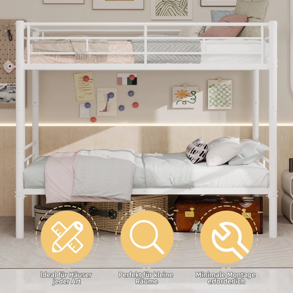 Letto a Castello 90 x 190 cm; 2 Posti; Convertibile; con Scala e Sponde - in Ferro - Bianco