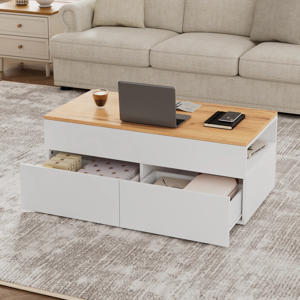 OKWISH Tavolino da Caffè Alzabile con 2 Cassetti e Vani Semiaperti, per Soggiorno, in Pannello di Particelle, Bianco, 100×50×40 cm