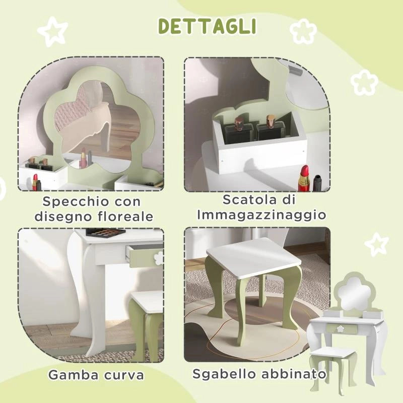 SET TOELETTA PER BAMBINA CON SPECCHIO TRUCCO E SGABELLO ABBINATO IN LEGNO, CASSETTO E CONTENITORI, BIANCO