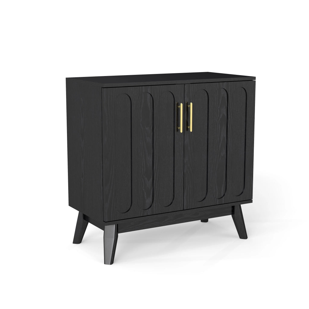 Credenza con ripiani regolabili e presa posteriore in legno e MDF nera