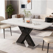 Tavolo allungabile da pranzo rettangolare con piano effetto marmo bianco e gambe nere a X, per sala da pranzo