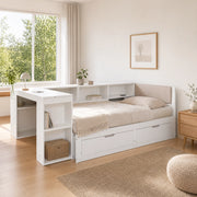Letto combinato 90 × 200 cm estensibile con scrivania, presa elettrica EU, 2 cassetti, senza materasso, bianco