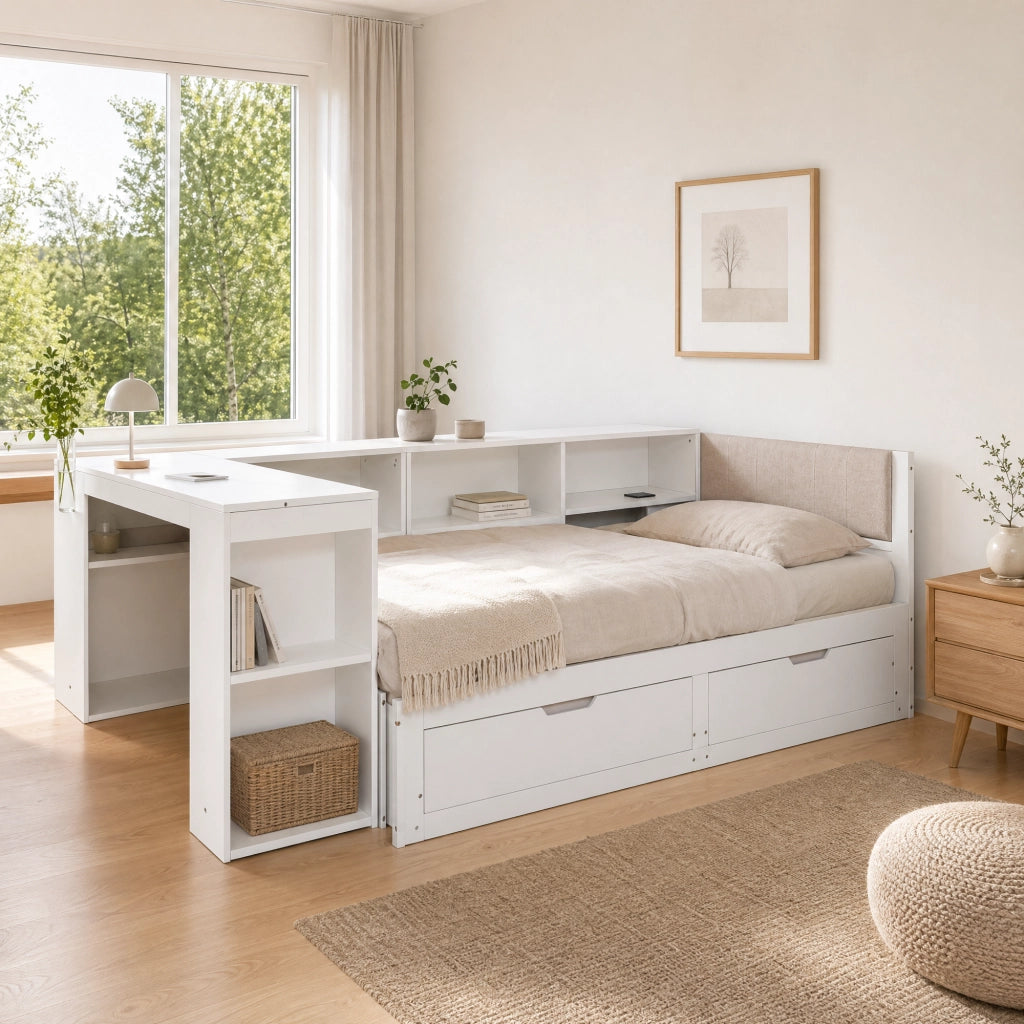 Letto combinato 90 × 200 cm estensibile con scrivania, presa elettrica EU, 2 cassetti, senza materasso, bianco