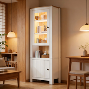 Vetrina Alta con LED ¨C MINIMAL ¨C Bianco/Legno, 2 Ante, 6 Ripiani, 70x40x188