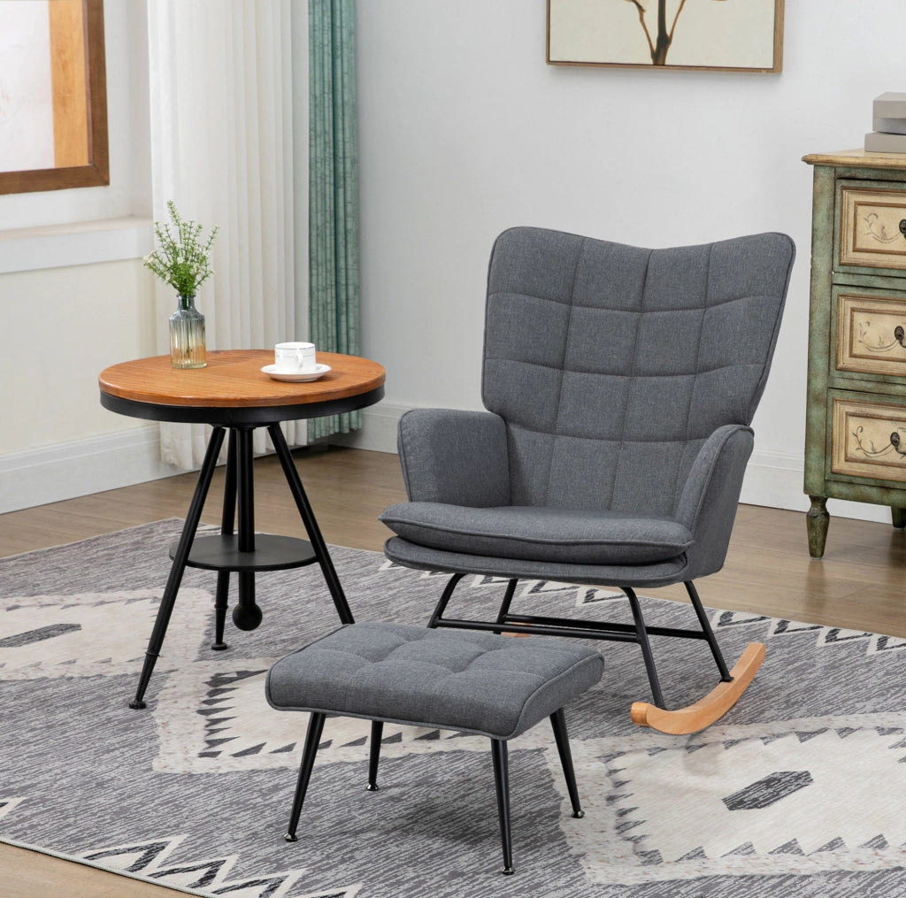 Sedia a dondolo 64x89x90 cm con poggiapiedi; schienale alto e imbottitura; poliestere grigio