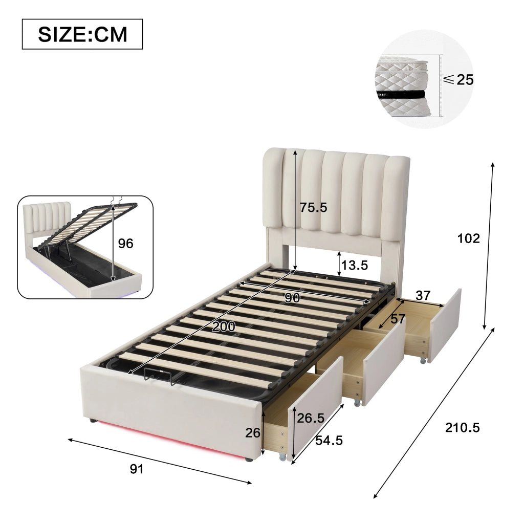 Letto con Cassetti 90 x 200 cm; Letto Singolo - Contenitore; 3 Cassetti e LED - Beige