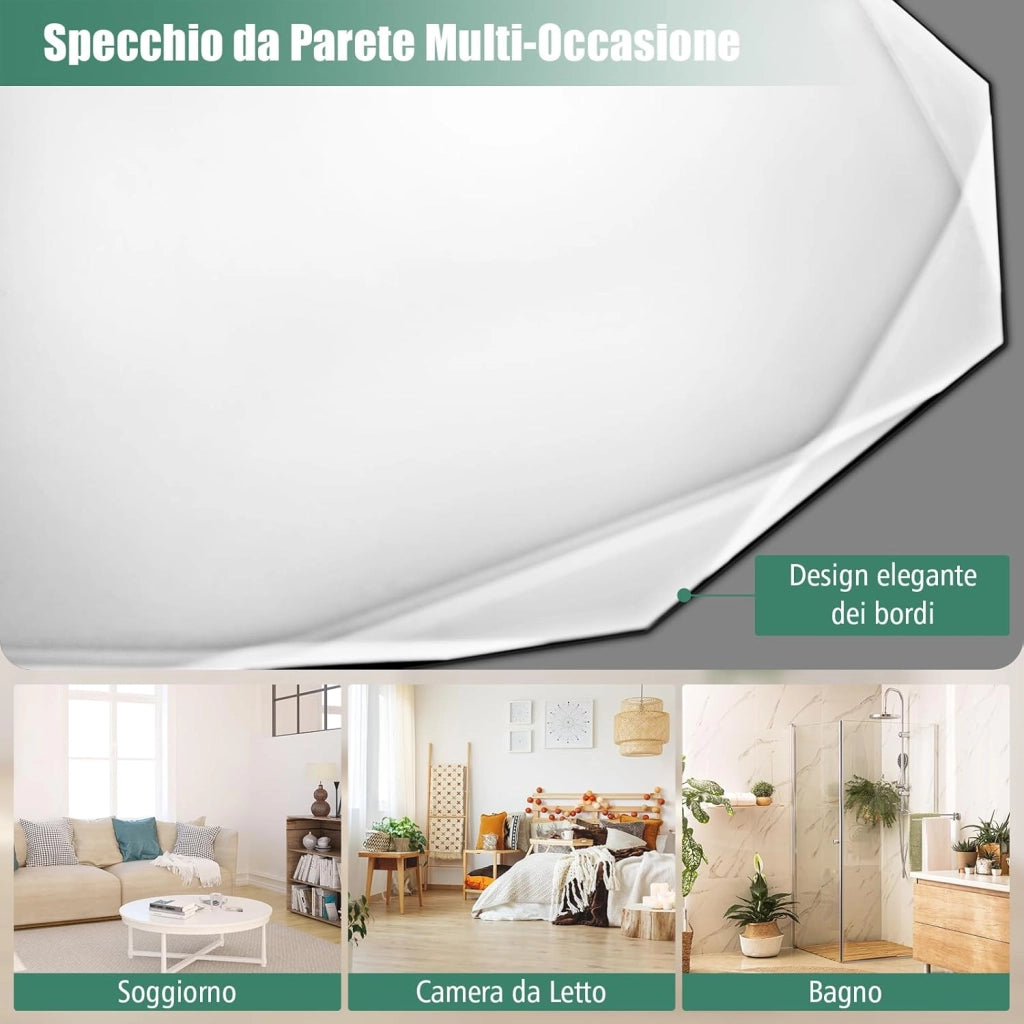 Specchio per Bagno 76 cm, Specchio da Parete Argento Lucidato, Senza Cornice, Specchio Rotondo di Design Irregolare Antiesplosione per Bagno Soggiorno Camera da Letto, IP44