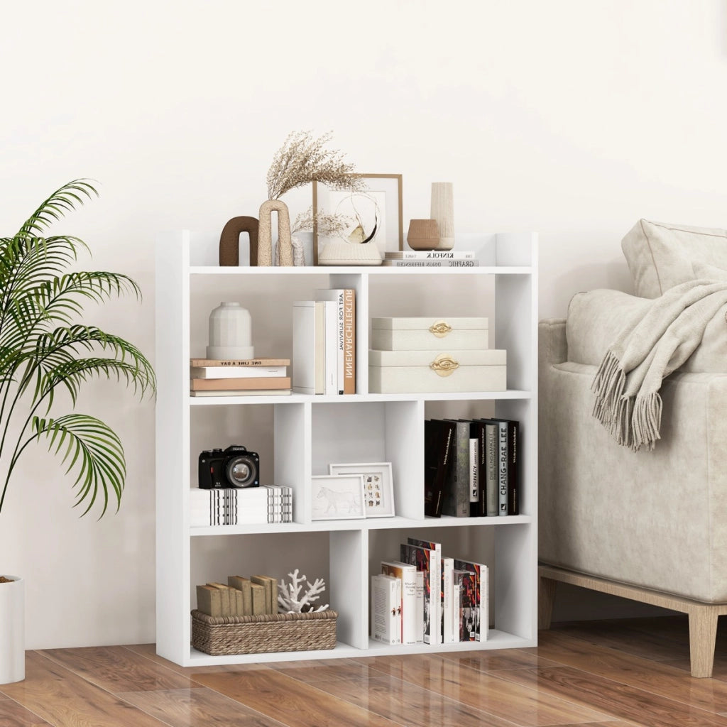 Libreria a cubi aperti con 7 scomparti, Mensola espositiva per l'archiviazione in legno per studio soggiorno Bianco-Librerie