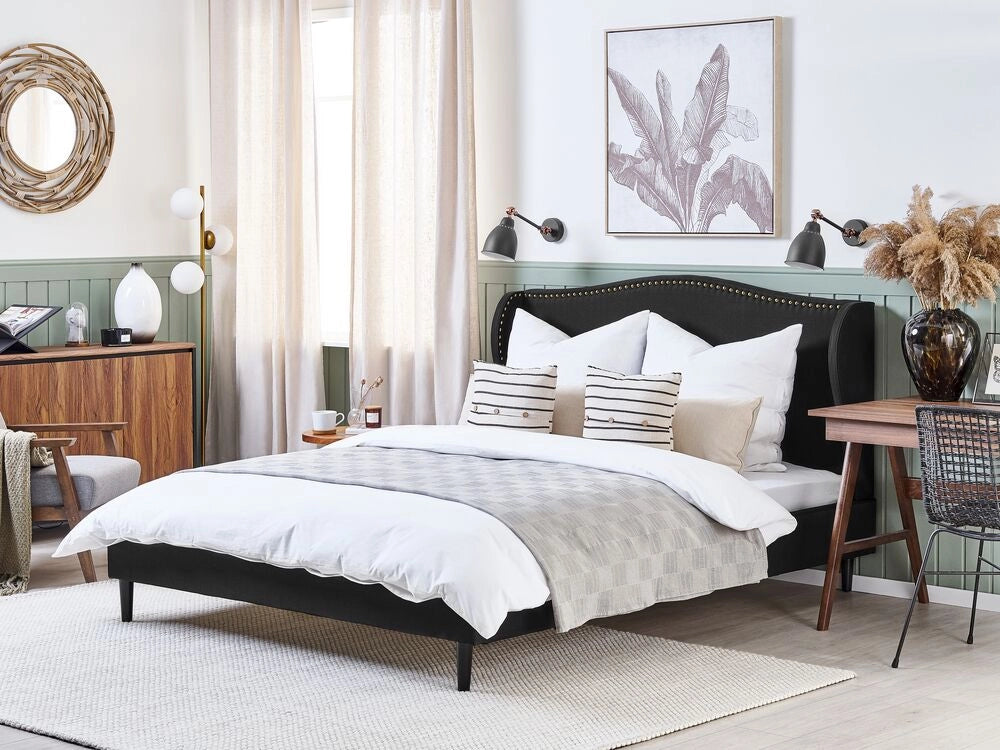 Letto rivestimento in tessuto Nero Gambe in legno scuro 180 x 200 cm Retro