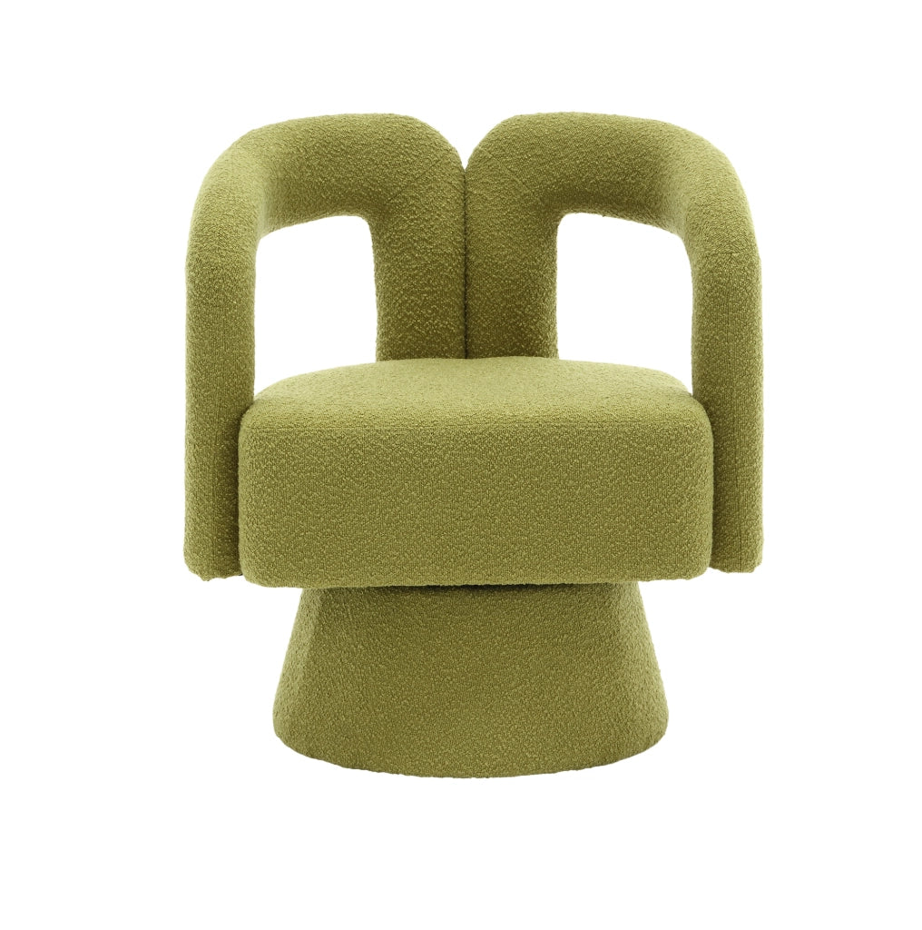 Poltrona girevole 360° in bouclé verde oliva; seduta imbottita 67x55x74 cm