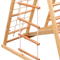 Struttura da arrampicata multifunzionale 7-in-1, altalena, scala da arrampicata, scivolo, rete, pietre da arrampicata, anelli, casetta tenda, 134×120×120 cm, Naturale