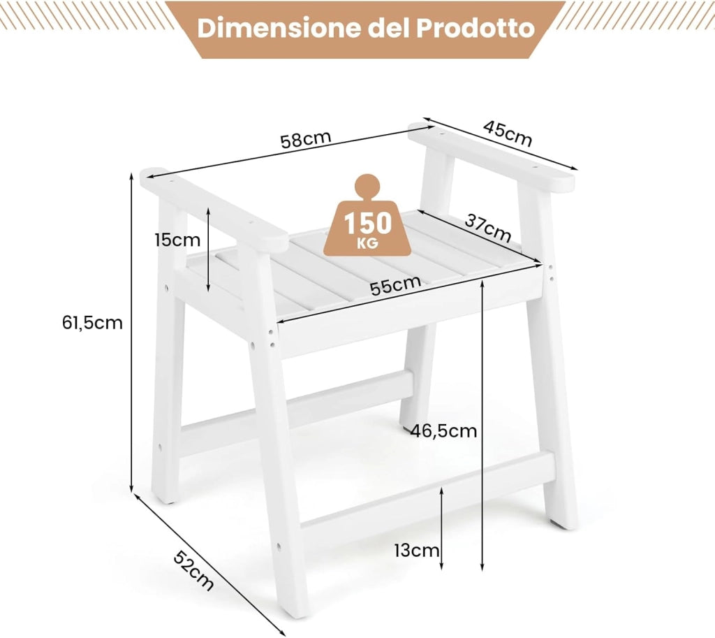 Sgabello da Bagno con Braccioli, Sgabello Doccia Impermeabile con Piedini Antiscivoli, Panca Versatile con Carico 150 kg, 58x52x61,5cm (Bianco)