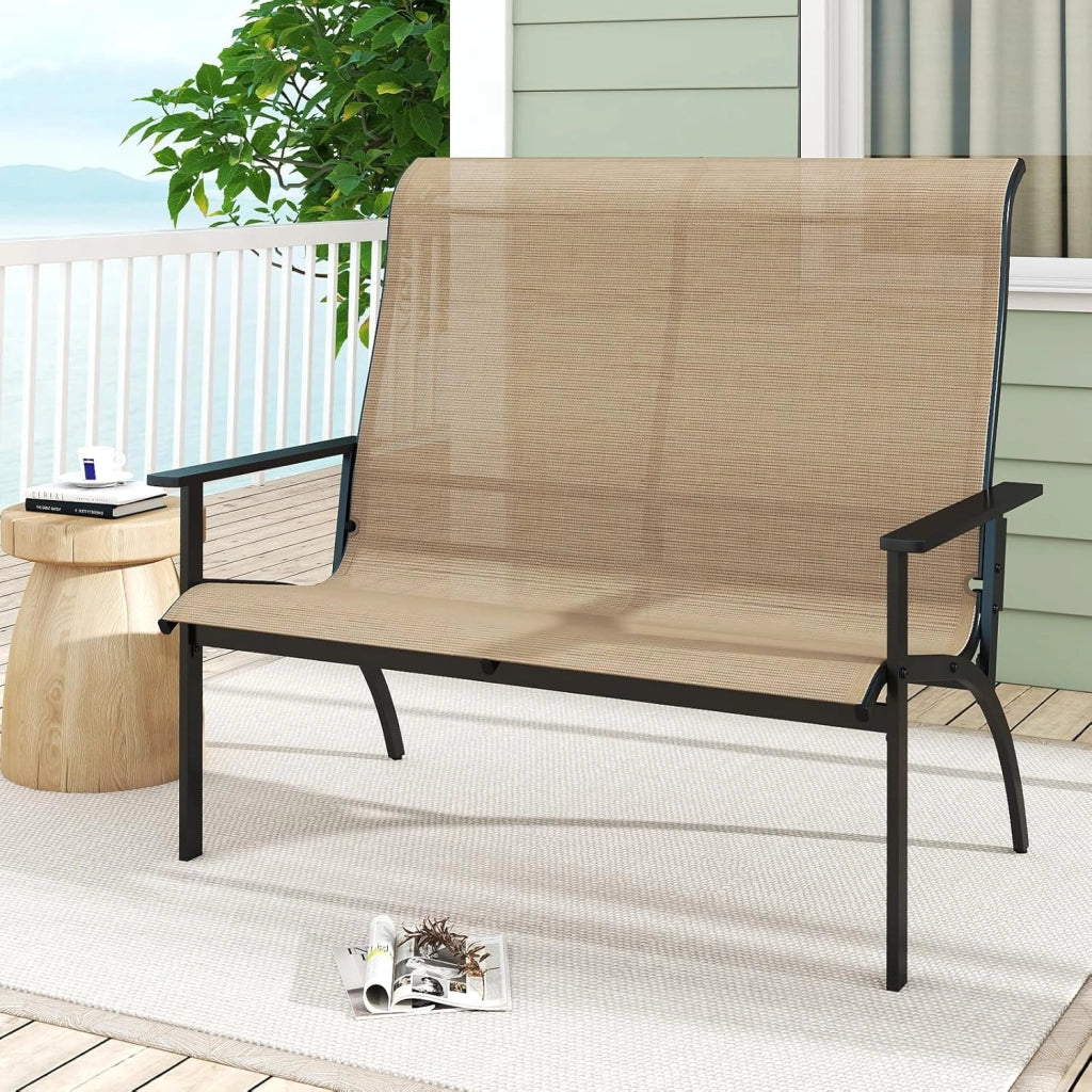 Panca da giardino resistente alle intemperie, per 2 persone, per balcone, terrazza, con schienale alto e braccioli, per esterni, portata fino a 400 kg, 120 x 81 x 106 cm, marrone