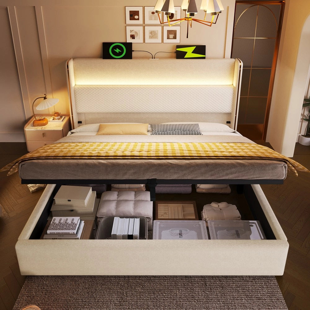 Letto Contenitore Matrimoniale con Testiera LED e USB ¨C MINIMAL ¨C Tessuto Beige 160x200cm