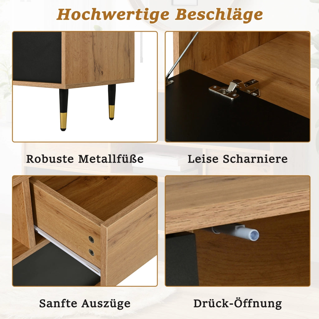 Credenza e madia con 2 cassetti, vano aperto e ante ribaltabili per soggiorno, nero naturale, 140 × 40 × 84,5 cm