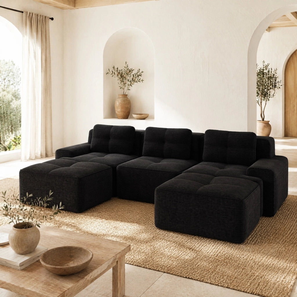 Divano modulare a U 293x177 cm in velluto a coste nero HOMVRA