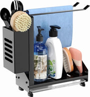 Organizzatore per lavandino, lavandino, caddy, organizzatore, cucina, acciaio inossidabile, oggetti di uso quotidiano, cassetto con scarico, colla, tavolo da lavoro, parete, spazzola adesiva, contenitore per asciugamani (nero)