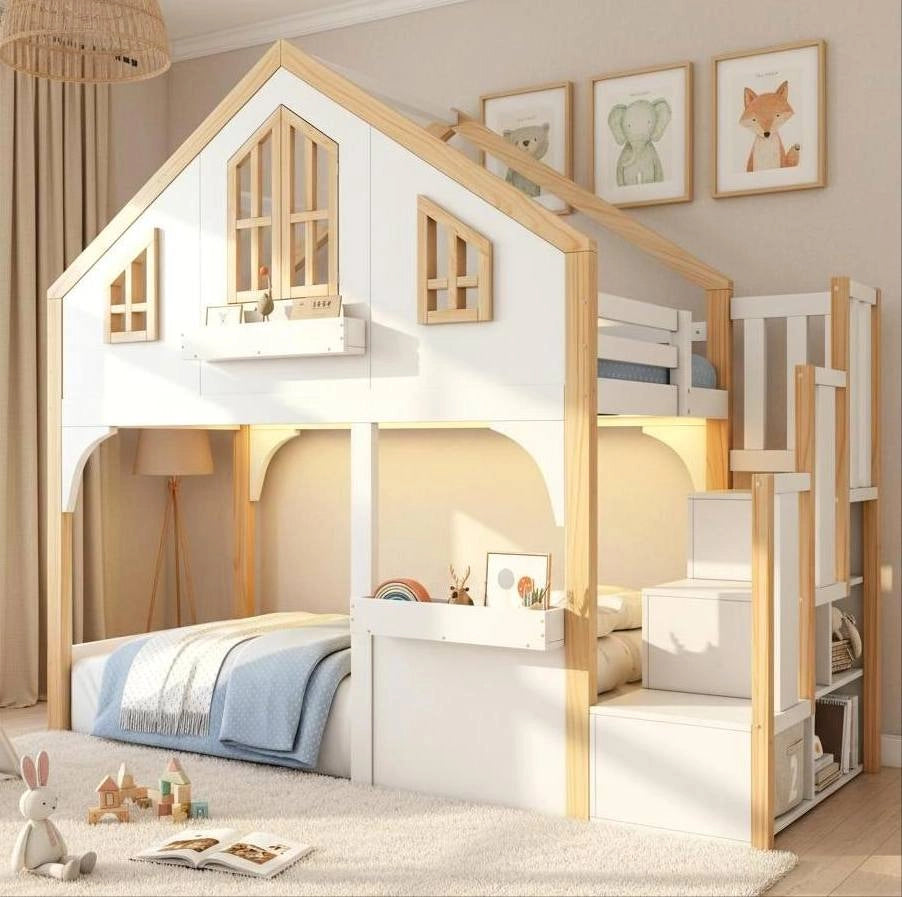 Letto a soppalco per bambini 90x200 cm con scala contenitore e LED