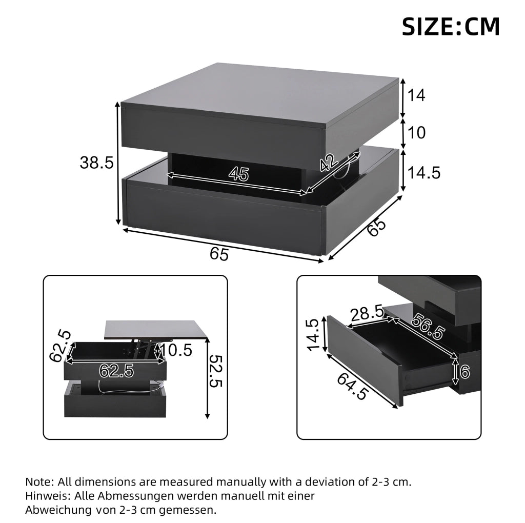 Tavolino da salotto quadrato sollevabile 65 x 65 x 38;5 cm in truciolare nero con LED e 2 cassetti