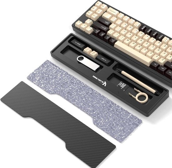 Tastiera con sostegno per pollici, cassetto di ripostiglio diviso, 2 coperture in acrilico, cappelli ergonomici, supporto antiscivolo ergonomico inferiore per tastiere TKL meccaniche - comfort ergonomico per ufficio e casa - nero