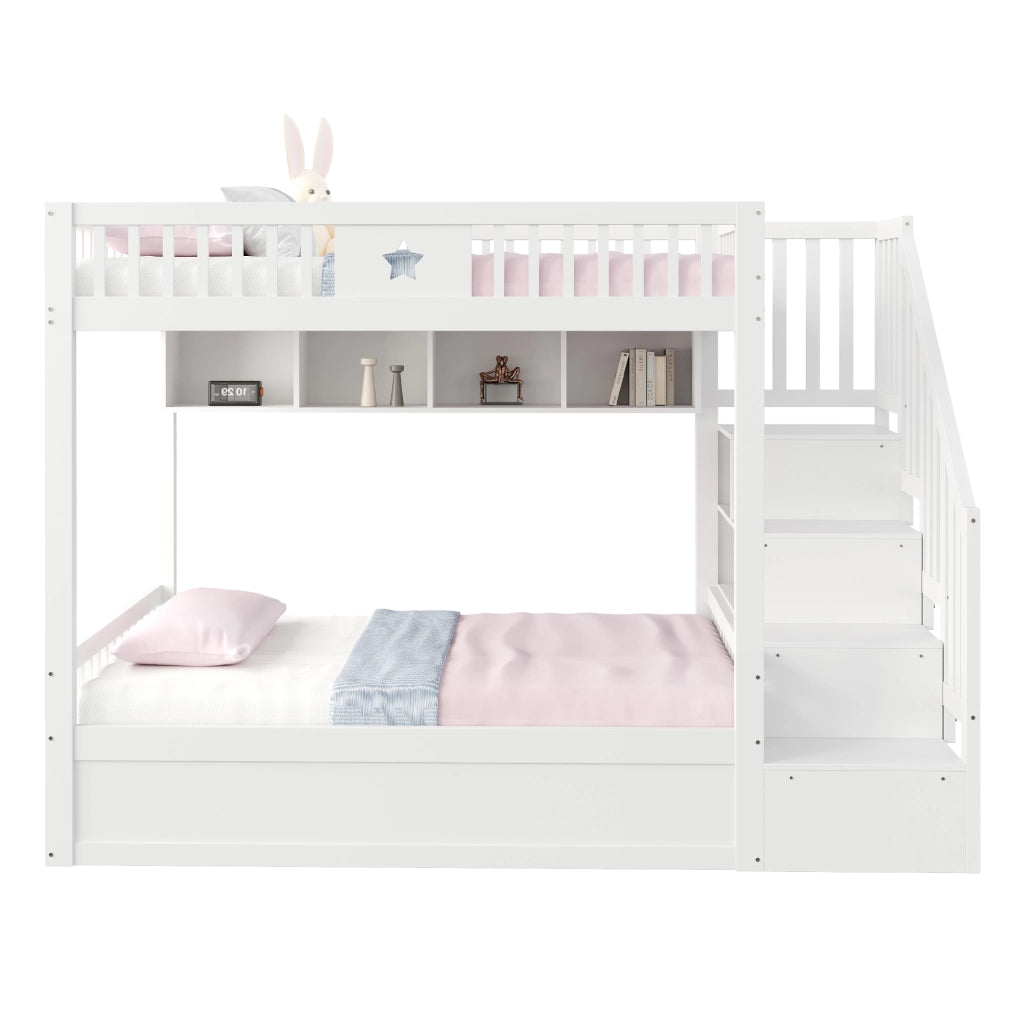 OKWISH Letto a castello 140×200 cm, Letto Matrimoniale con Contenitore idraulico, Scala con Contenitore e Mensole, senza Materasso, in Legno, Bianco