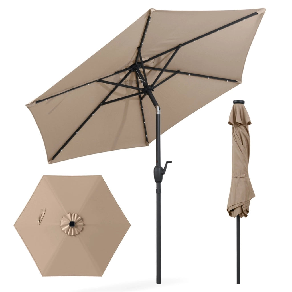 Ombrello da mercato per esterni con pannello solare da tavolo per giardino, Ombrellone da patio 230 cm Marrone