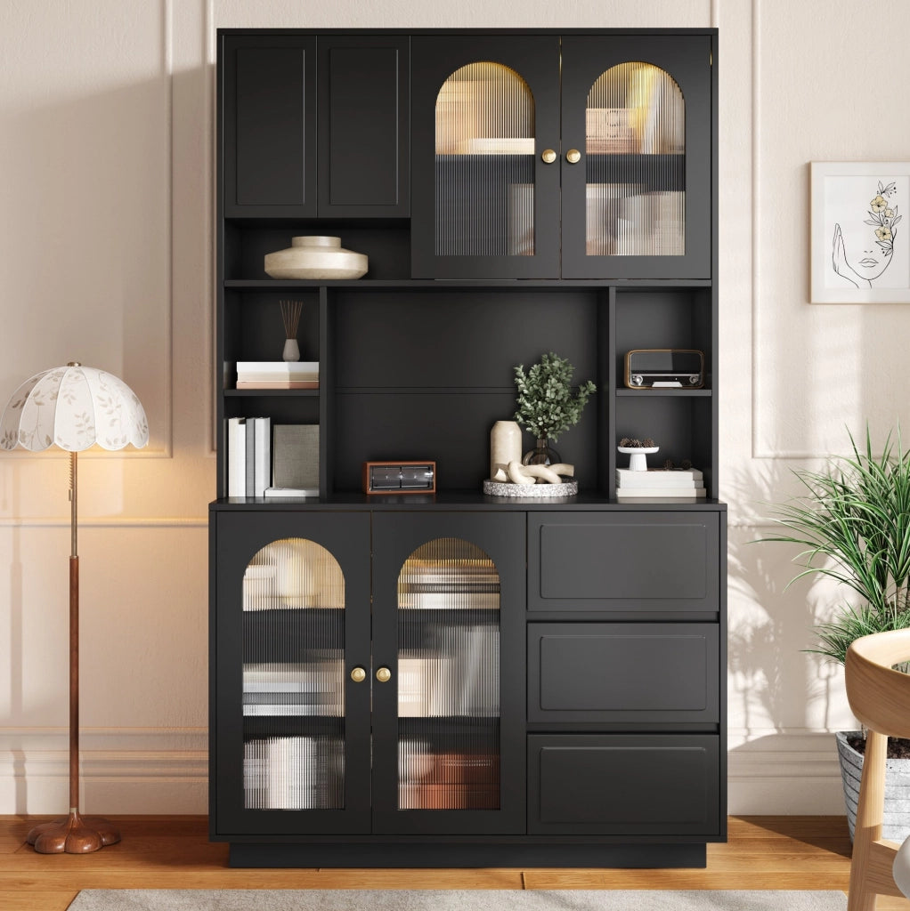 Credenza alta 106x30x175 cm in MDF nero， LED APP e contenitore cucina