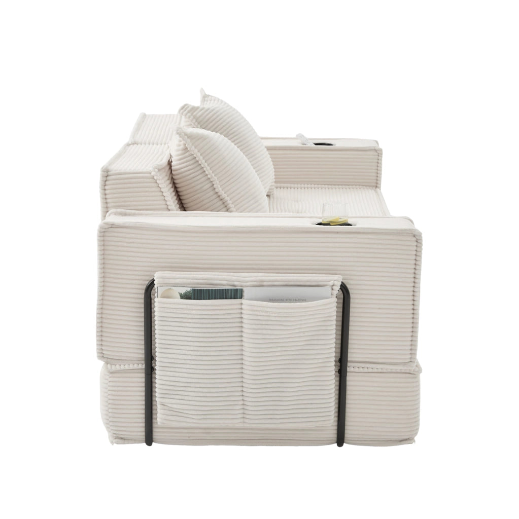Divano a due posti modulare beige in velluto a coste con tasche laterali e due morbidi cuscini
