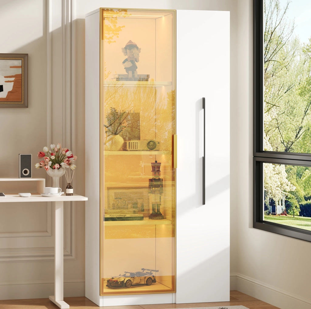 Vetrina bianca in MDF con ante in vetro e LED, 70×40×160 cm