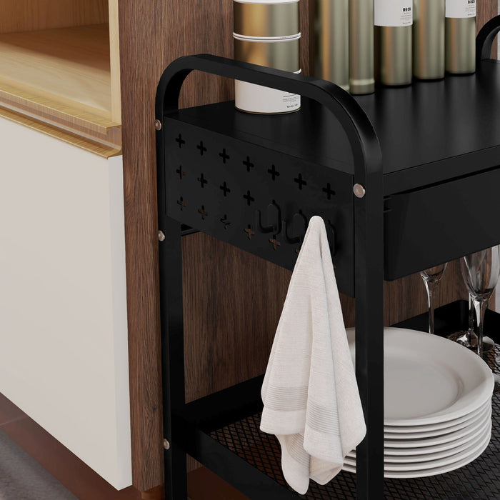 Carrello da Cucina con Cesto Cassetto Estraibile e 3 Ganci 61x32,6x58,5 cm in PP e Metallo Nero