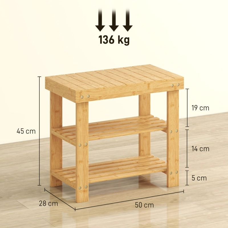 Panca portascarpe in bambù con seduta e 2 ripiani, 50x28x45 cm, colore naturale