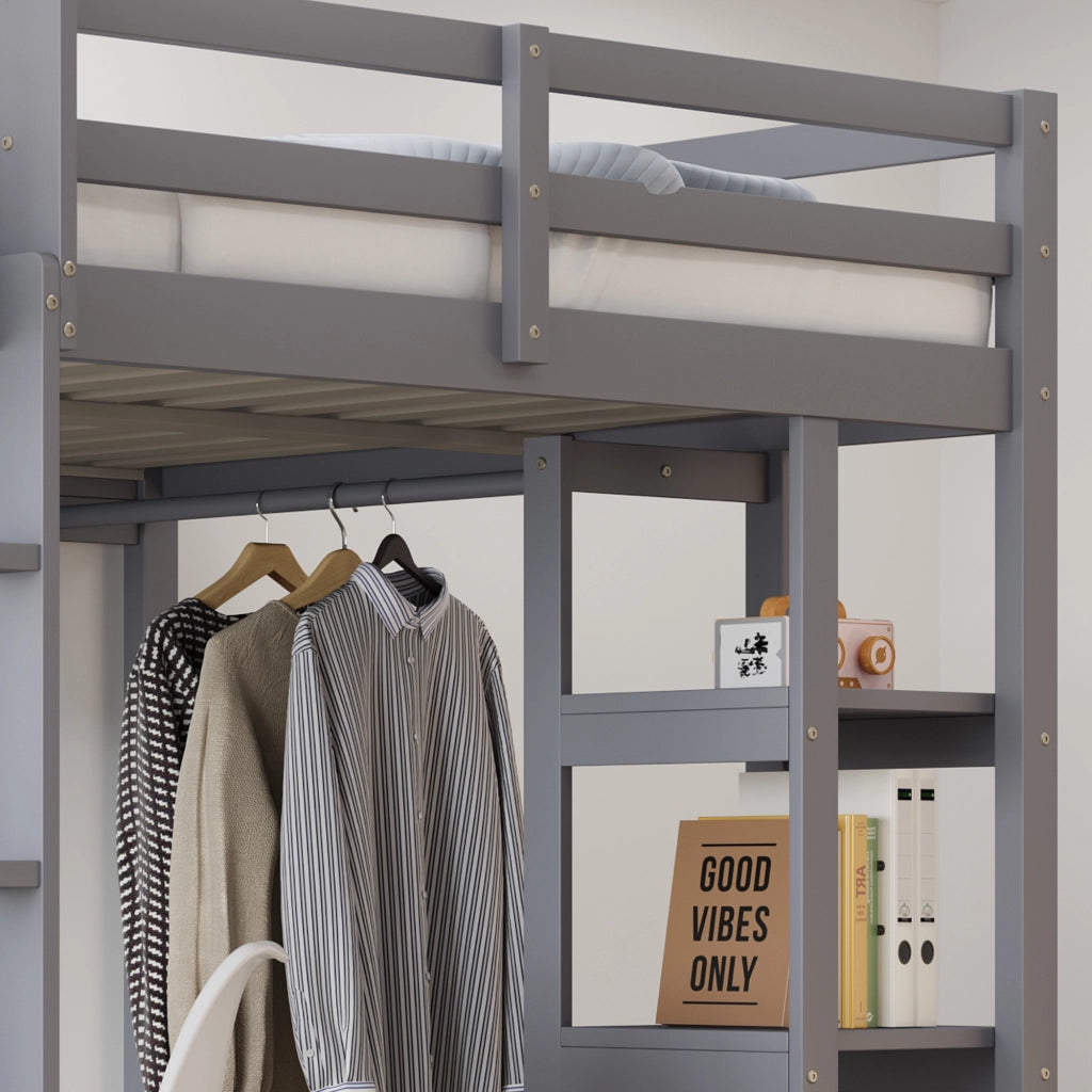Letto a castello grigio con funzione scrivania e scaffali in legno massello 140x200 cm