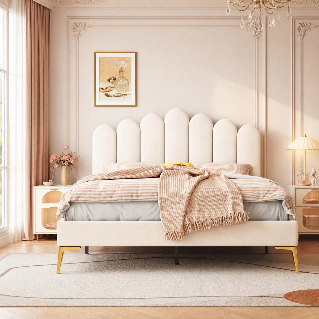 LETTO imbottito 140 x 200 cm beige in velluto con testiera regolabile