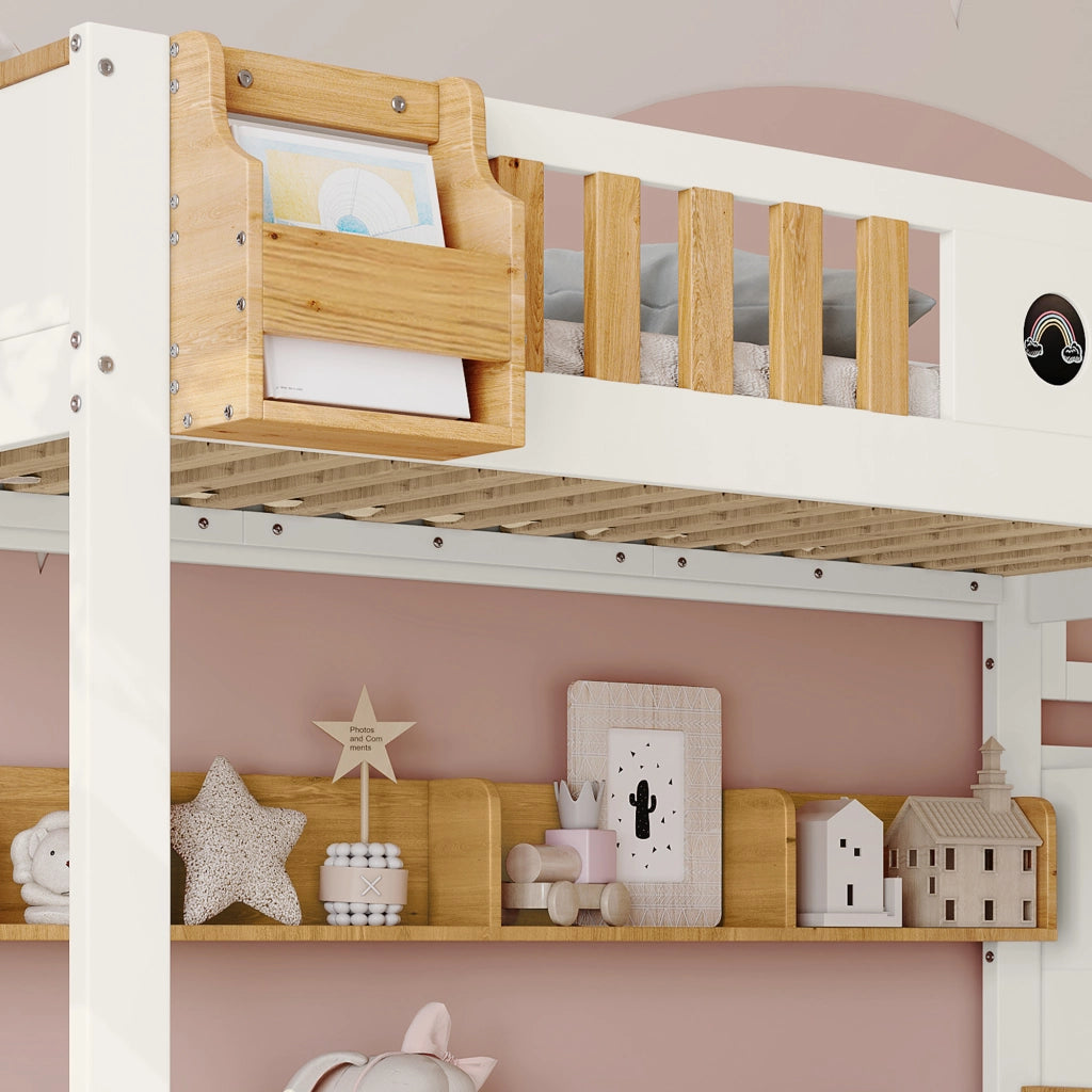 Letto a Castello 90x200 cm; Letto Singolo 2 Posti; Scala Contenitore; 2 Cassetti; Bianco e Naturale