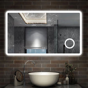 specchio rettangolare 100x60 cm con luce dimmerabile a 3 colori, bluetooth, antiappannamento e ingranditore 3x