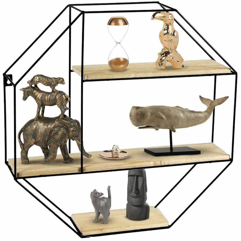 Trade Shop - Mensola Parete Esagonale 3 Mensole Ripiani Design Moderno Scaffale Legno Metallo -